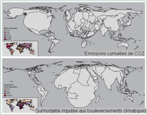 Comparaison des émissions cumulées de CO2 sur la période 1950-2000 et de la distribution régionale des effets des bouleversements climatiques en matière de santé (Source : Managing the health eﬀects of climate change)